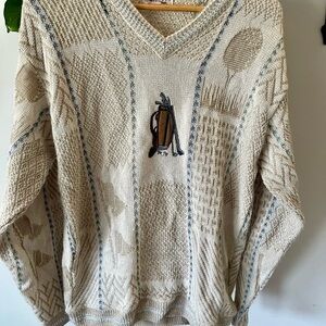 Cream Knit Golf Embroidered V-Neck Sweater